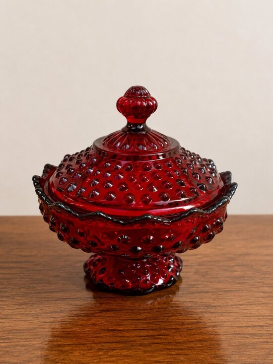 Fenton Other - Fenton Ruby Red Hobnail Candy Dish Box Lid Vintage Amberina Glass 6.75"